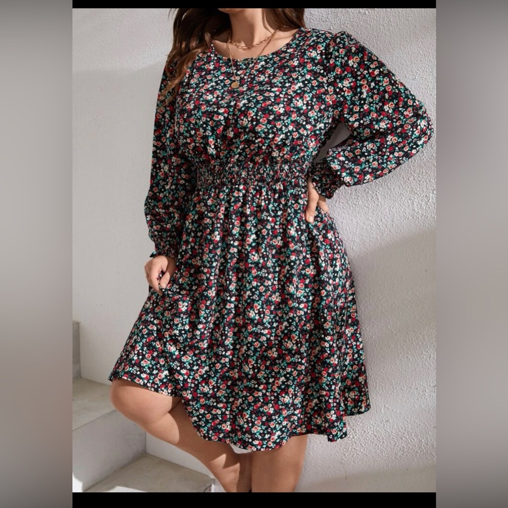 Plus Ditsy Floral Print Shirred Waist Dress